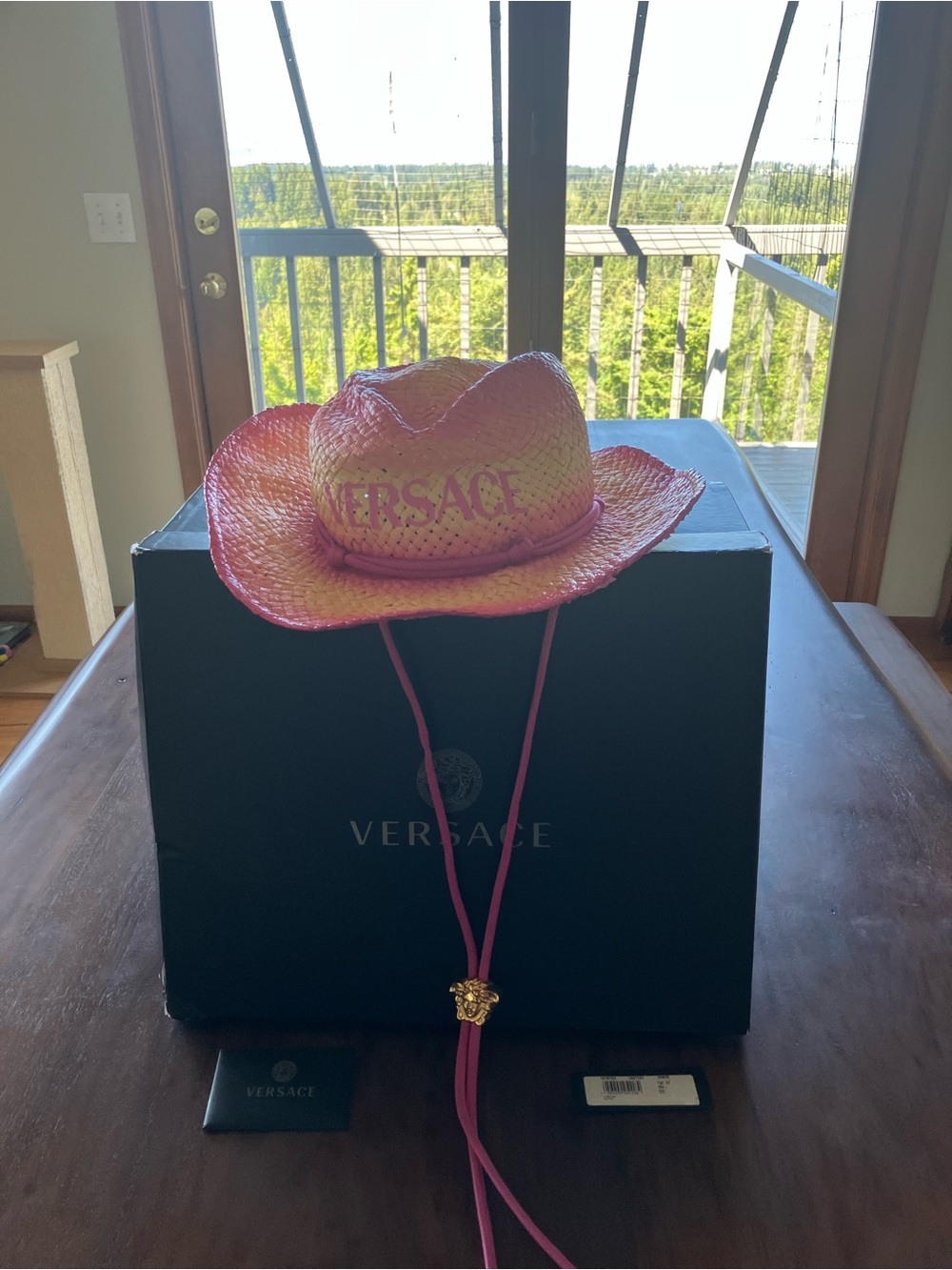 Versace Gradient Pink-Orange Straw Cowboy Hat with Medallion Drawcord